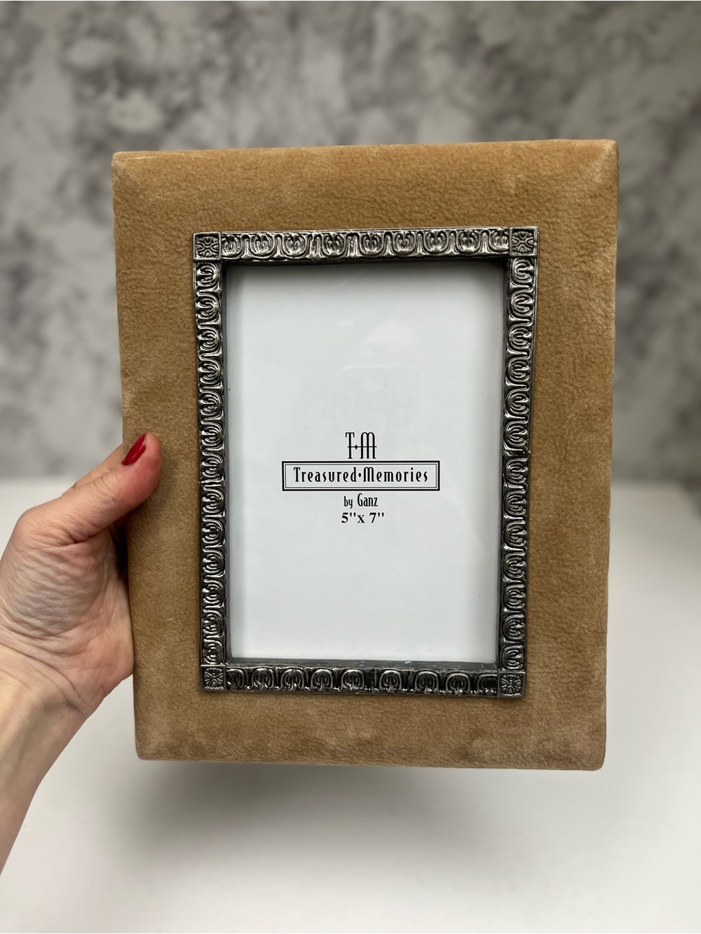 Vintage 8x10 Ganz Frame ,Silver Ornate Inset & Tan Suede Velvet ,Fits 5x7 Photo
